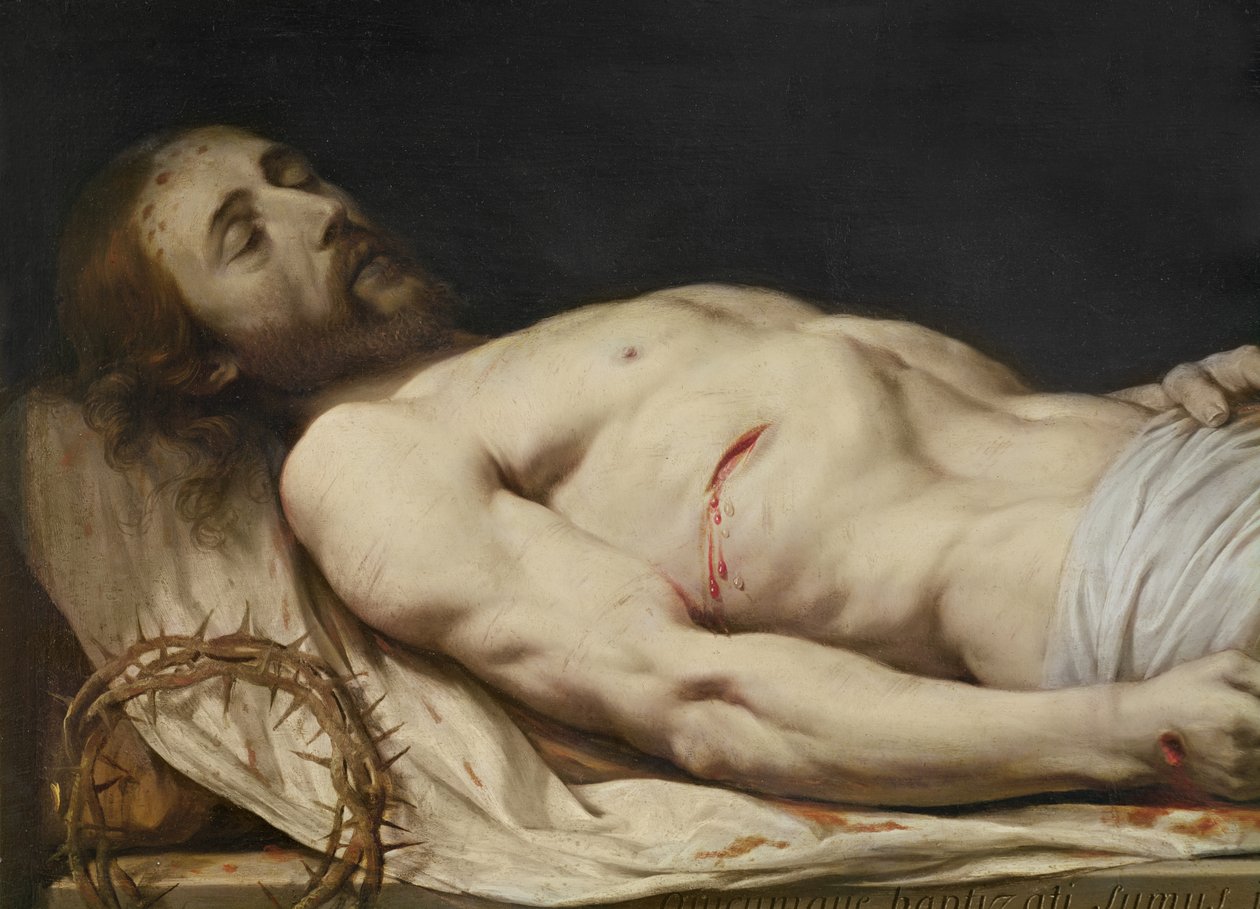 Mrtvý Kristus si před rokem 1654 položil olej na dřevo na detail rubáše střední a horní části těla od Philippe de Champaigne