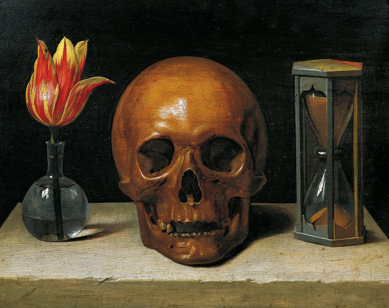Zátiší Vanitas s tulipánem, lebkou a přesýpacími hodinami (olej na panelu) od Philippe de Champaigne