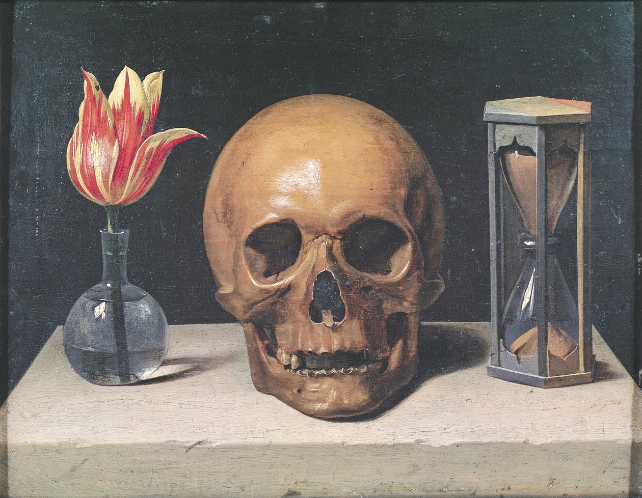 Zátiší Vanitas s tulipánem, lebkou a přesýpacími hodinami (olej na panelu) od Philippe de Champaigne