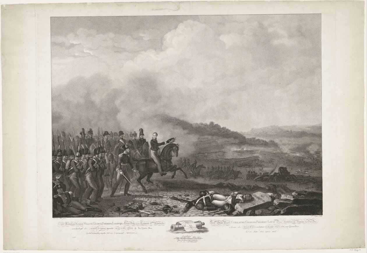 Princ Oranžský v čele nizozemských vojsk v bitvě u Quatre-Bras, 1815 Jeho královská Výsost William, George, Frederik, Lodewijk korunní princ Nizozemského království v čele nizozemské proti francouzské armádě od Quatre-B od Philippus Velijn