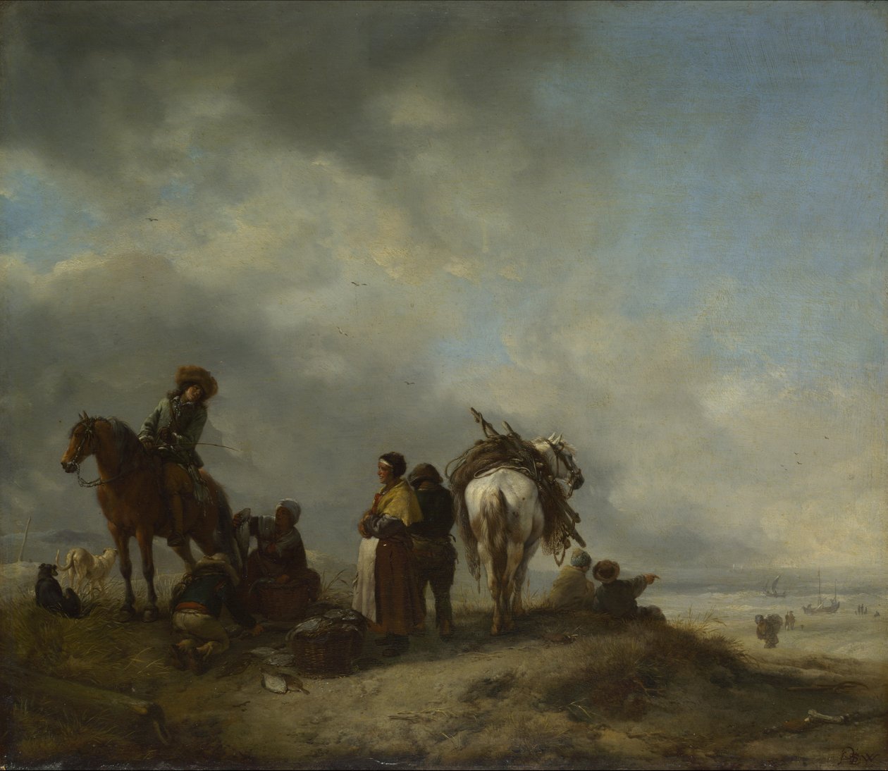 Pohled na pobřeží s Fishwives nabízejícími Rybu jezdci od Philips Wouwerman