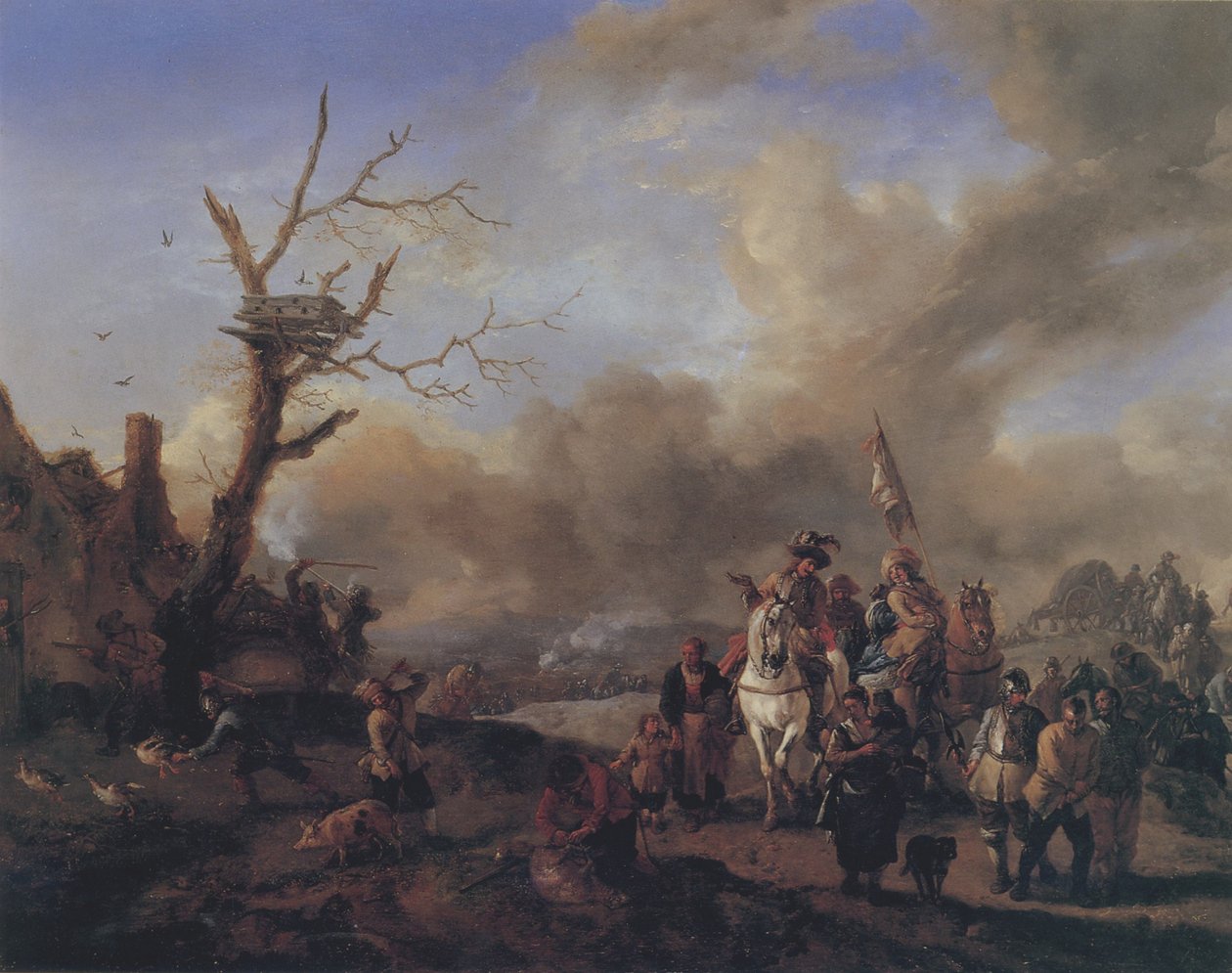 Přijíždějící vojsko vojáků se sutlery a dětmi, drancování farmy od Philips Wouwerman