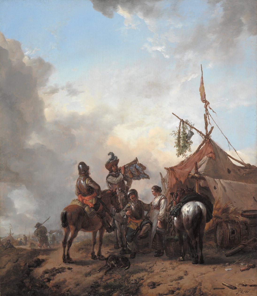 Vojáci se kolotočí s sloužící ženou mimo stan, cca 1655 (olej na dubovém panelu) od Philips Wouwerman