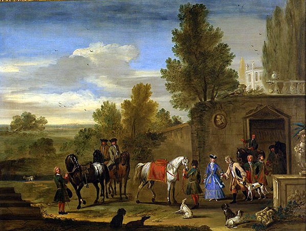 Jezdecká skupina mimo zdi hradu (olej na plátně) od Philips (attr.) Wouwermans or Wouvermans