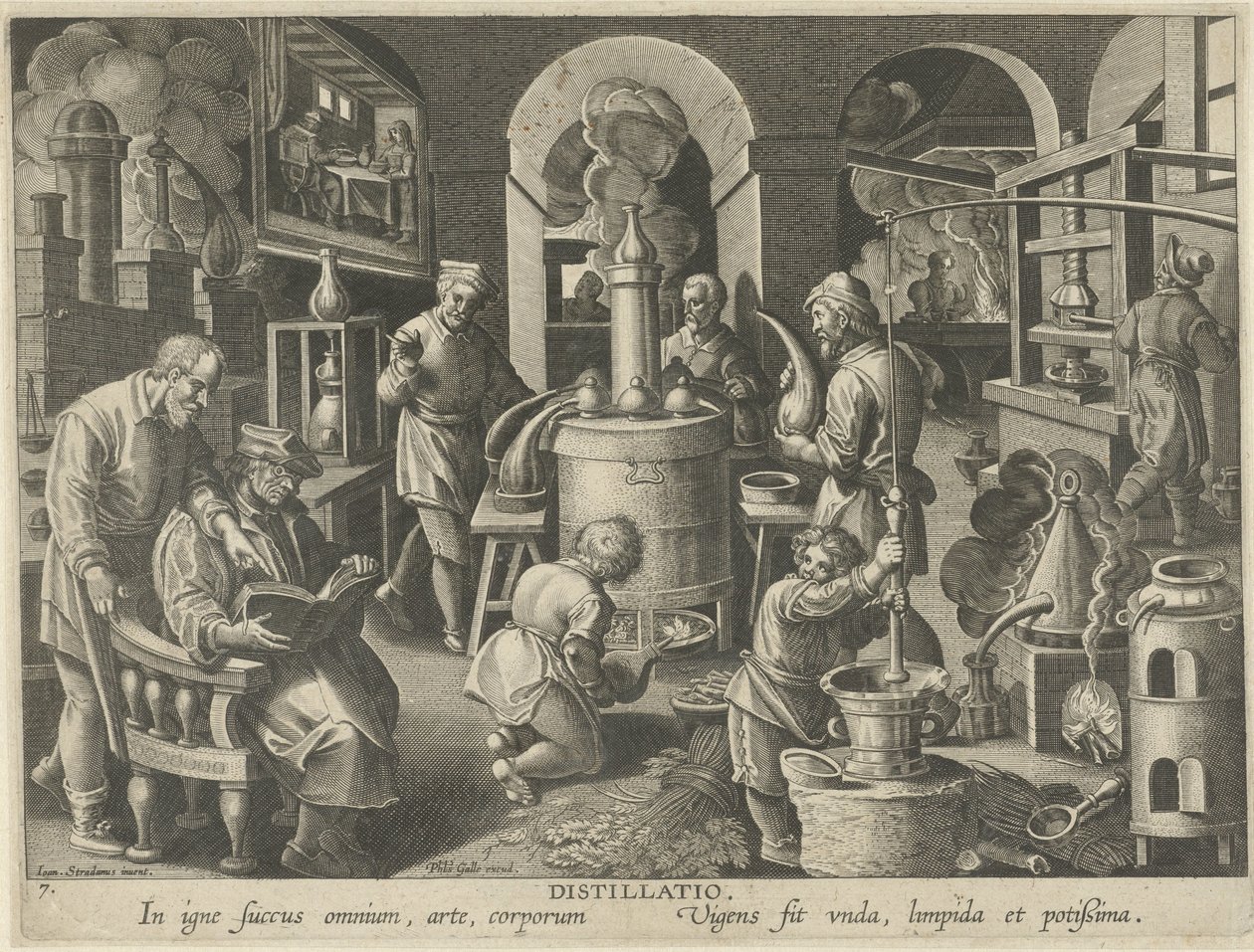 Destilace Destilace (název na předmětu) Nové vynálezy a objevy (název série) Nova Reperta (název seriálu) od Philips Galle (attributed to workshop of)