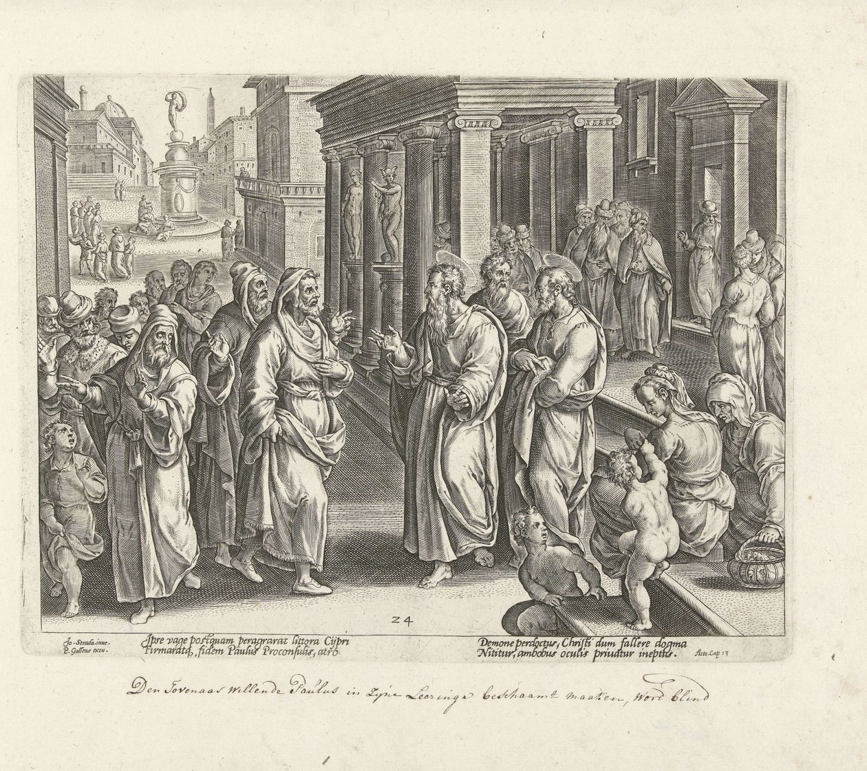 Paul se hádá s čarodějem Elymasem Skutky apoštolů (název série) Acta Apostolorum (název série) od Philips Galle (possibly)