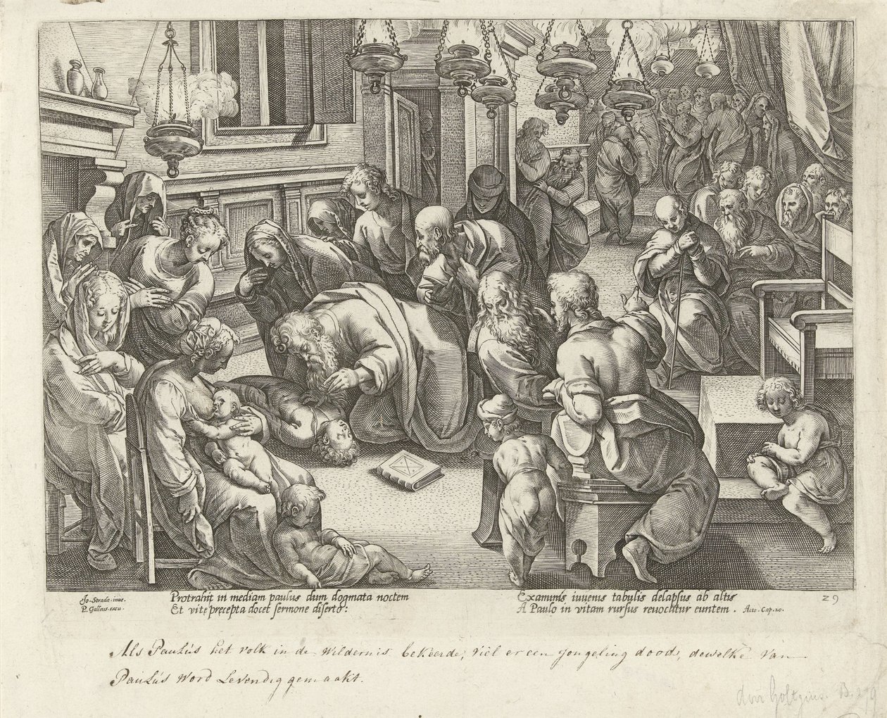Pavel přivádí Eutycha zpět k životu Skutky apoštolů (název série) Acta Apostolorum (název série) od Philips Galle (workshop of)