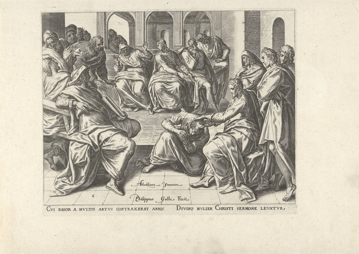 Kristus uzdravuje zmrzačenou ženu Šest scén s Kristem a ženami z evangelií (název série) od Philips Galle