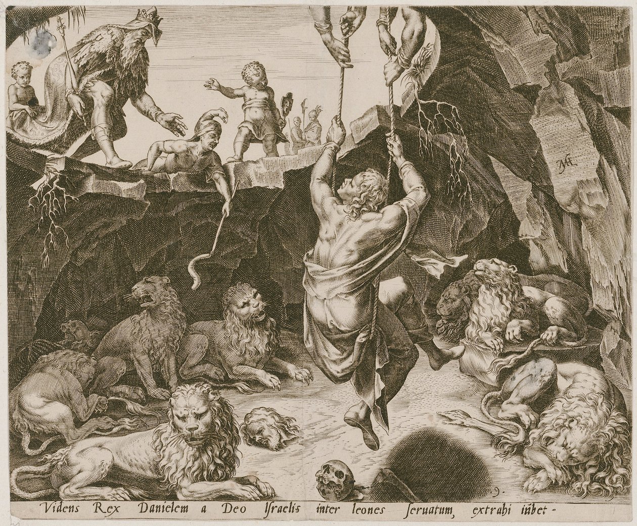 Daniel je vysvobozen ze lví jámy, list 9 ze série „Příběh Daniela, Béla a draka“ od Philips Galle