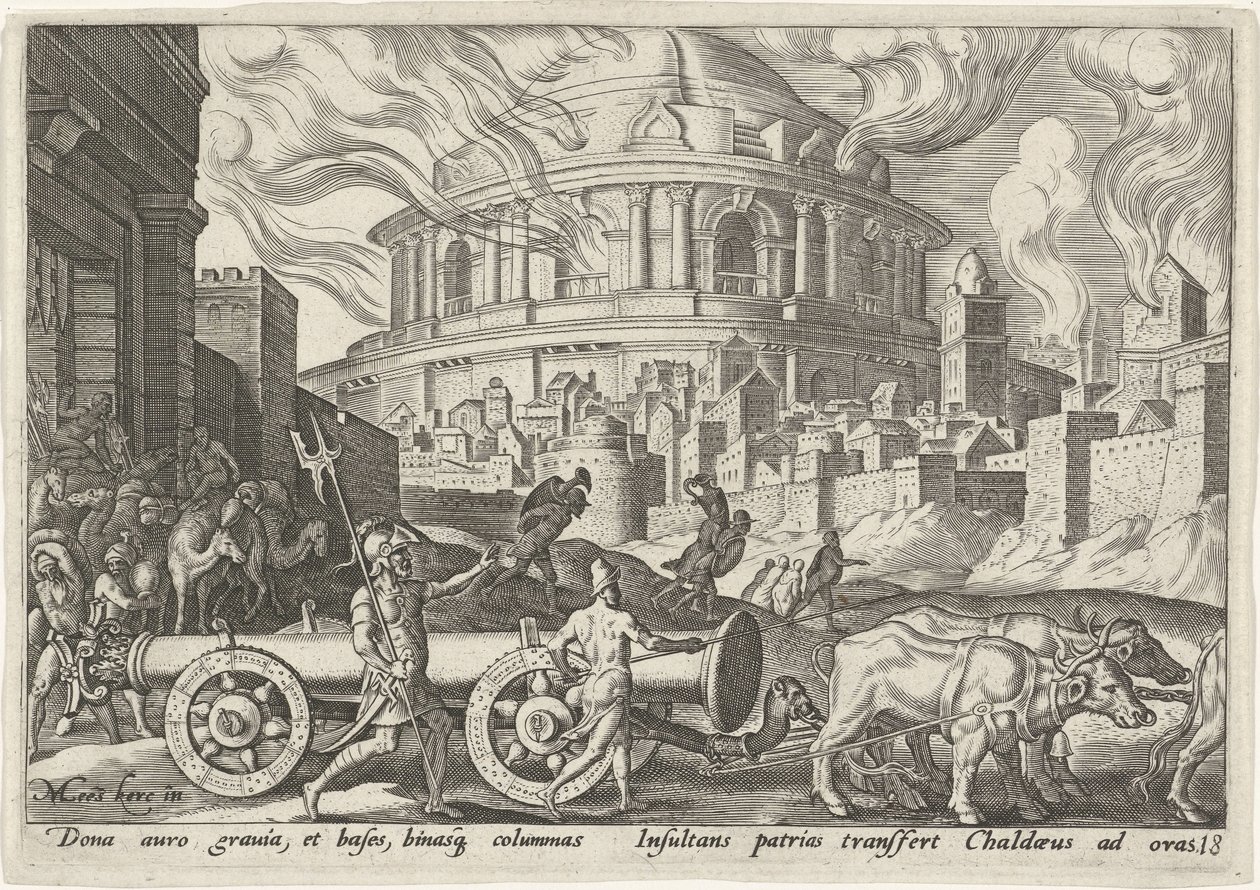 Chaldejci berou sloupy jeruzalémského chrámu The Days of Doom of the Jewish People (název série) od Philips Galle