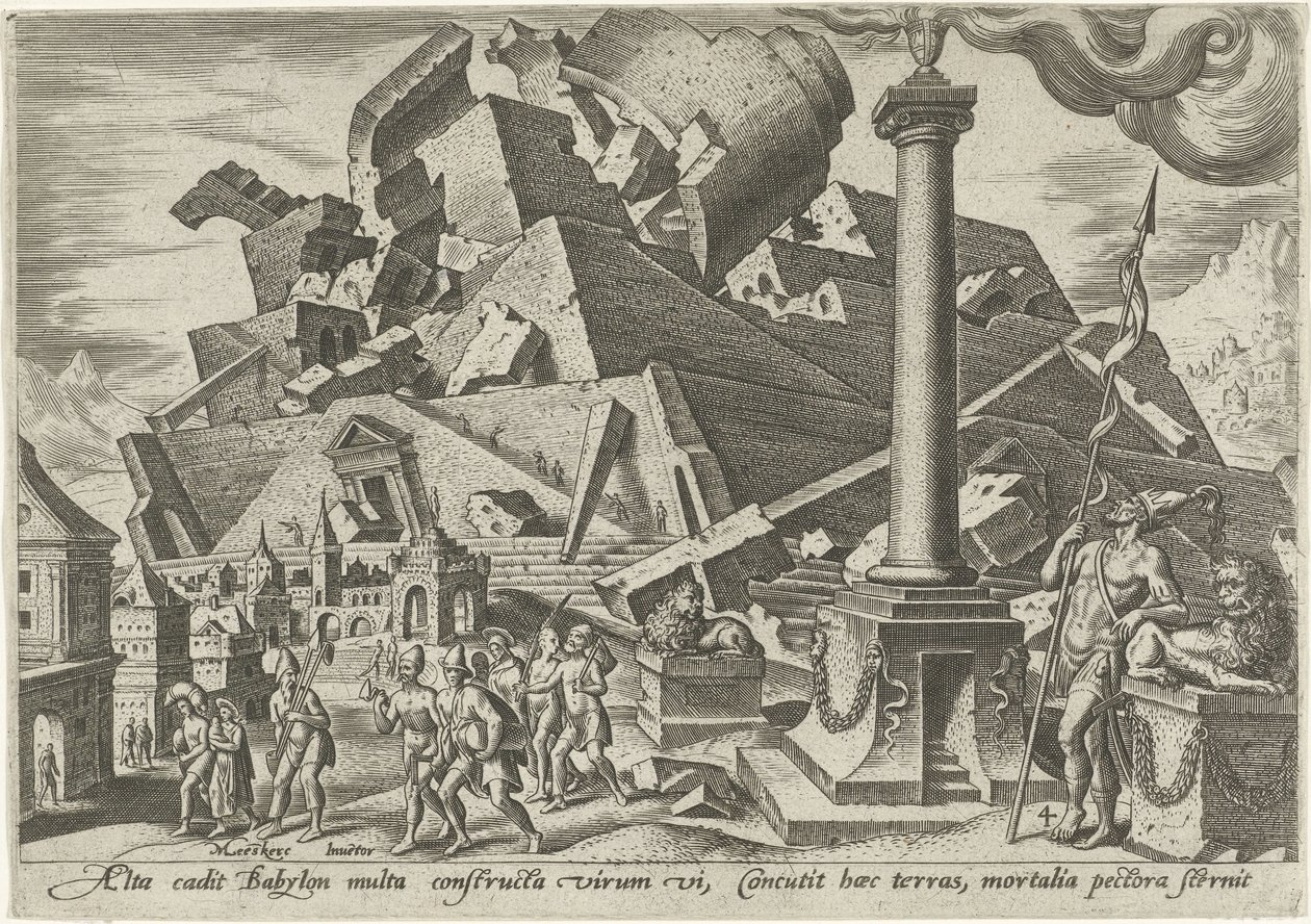 Zničení babylonské věže The Days of Doom of the Jewish People (název série) od Philips Galle