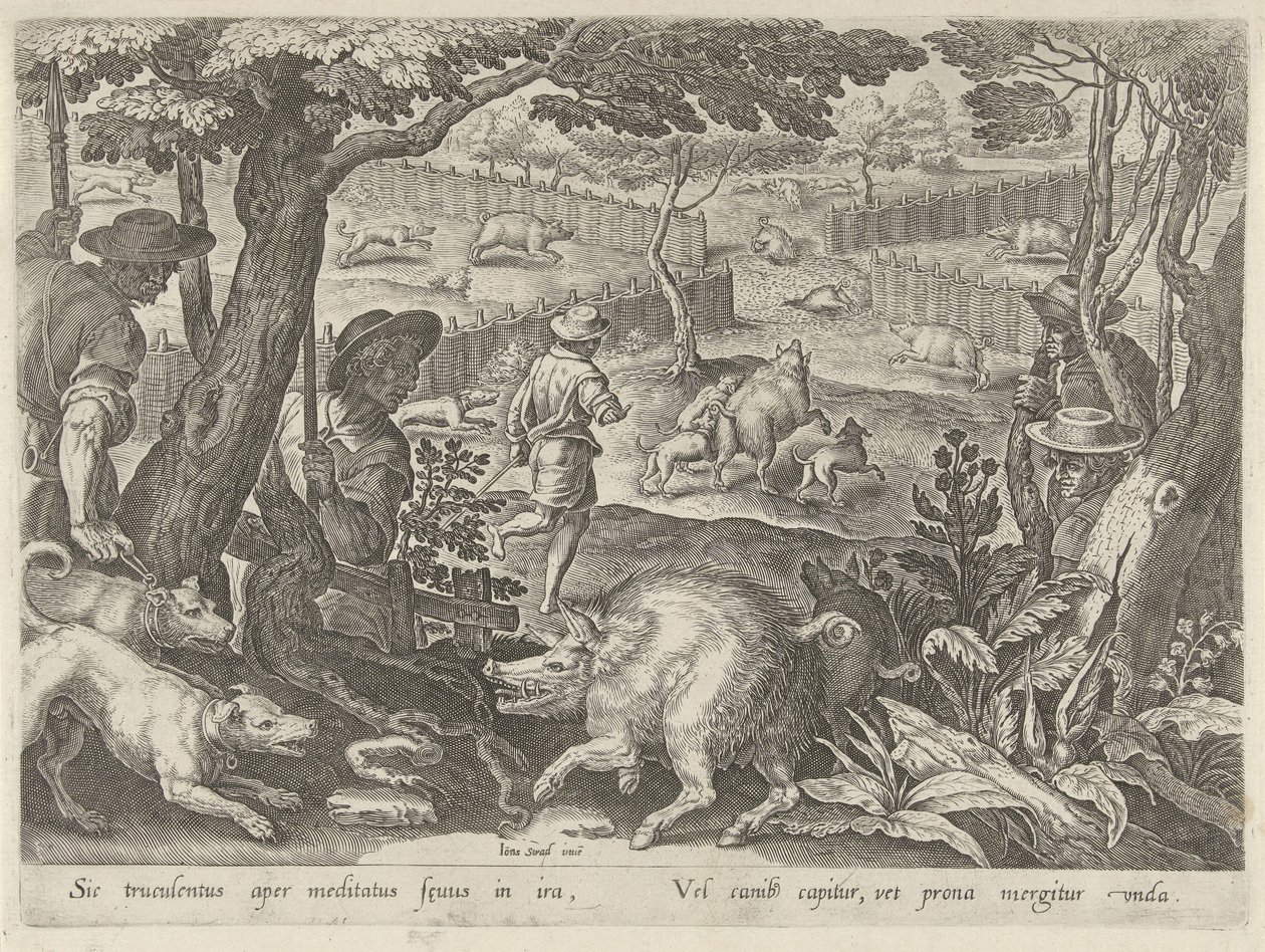 Drijfjacht op zwijnen Jachttaferelen (název série) Ve kterém každý druh lovu, drůbeže a rybaření (název série) od Philips Galle