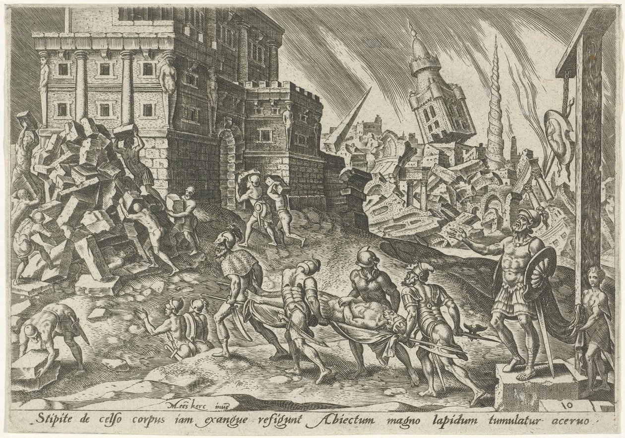 Tělo krále Aje je přineseno k městské bráně The Days of Doom of the Jewish People (název série) od Philips Galle