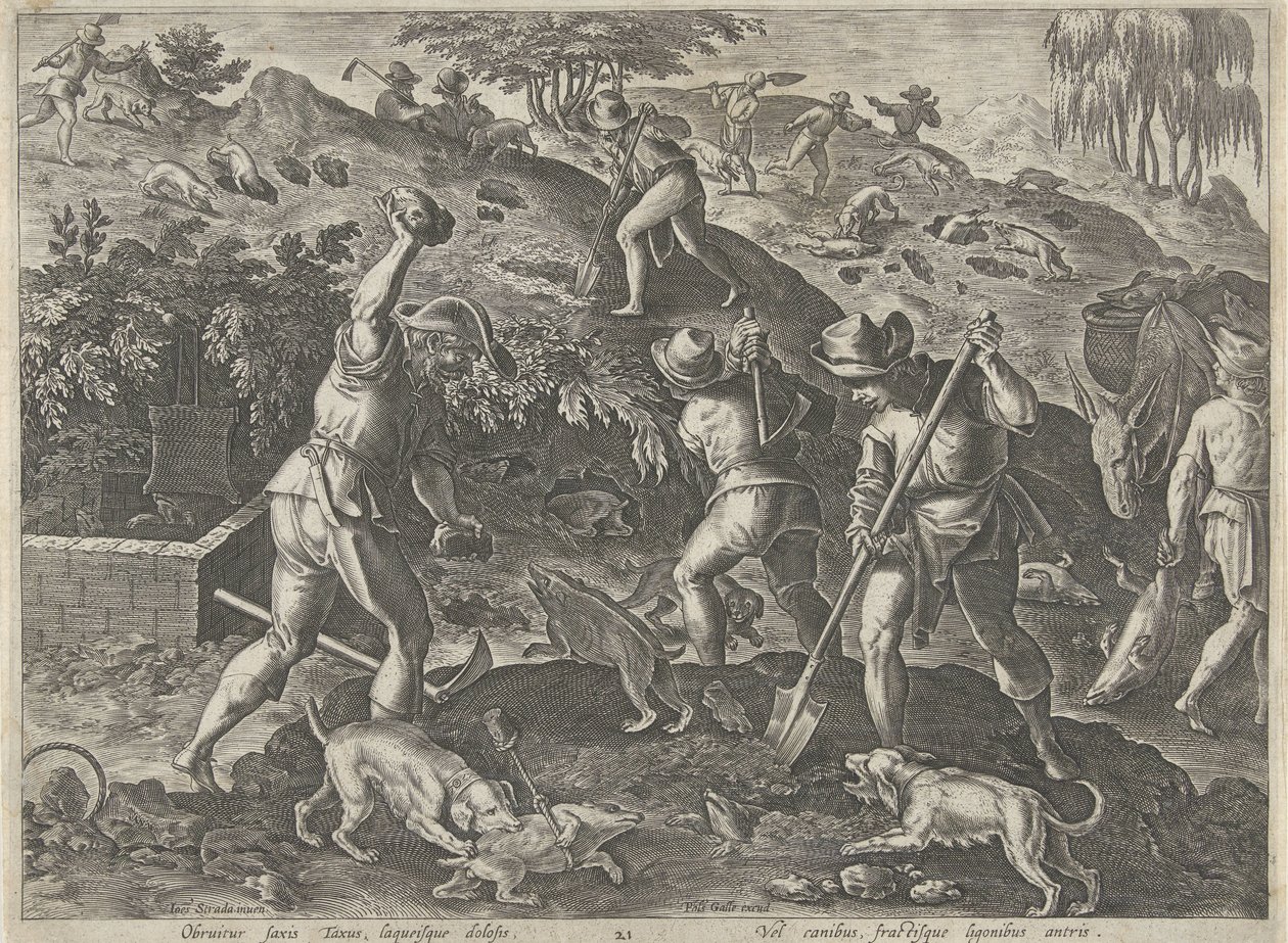 Jacht op dassen Jachttaferelen (název série) Ve kterém každý druh lovu, drůbeže a rybaření (název série) od Philips Galle