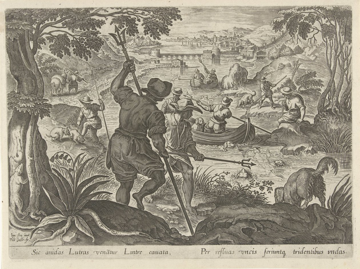 Jacht op vydry Jachttaferelen (název série) Ve kterém každý druh lovu, drůbeže a rybaření (název série) od Philips Galle