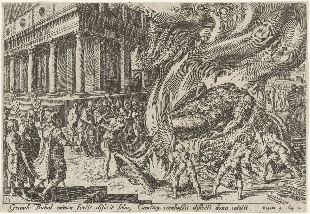 Jehu ničí chrám a Baalův obraz The Days of Doom of the Jewish People (název série) od Philips Galle