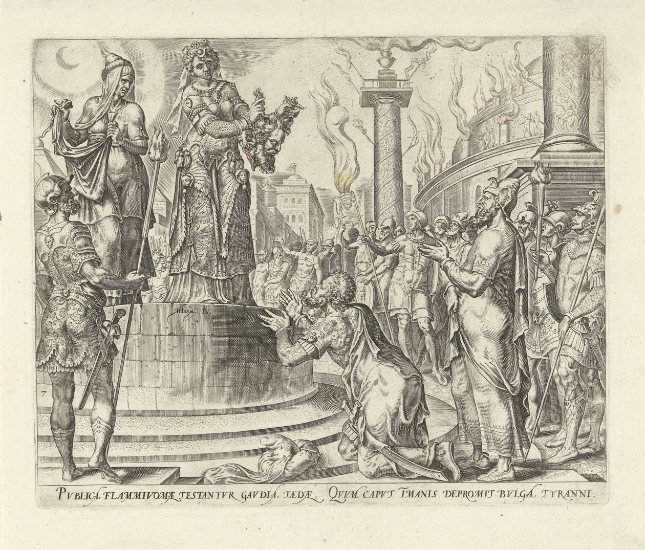 Judith ukazuje hlavu Holoferna lidem Historie Judit a Holofernes (název série) od Philips Galle