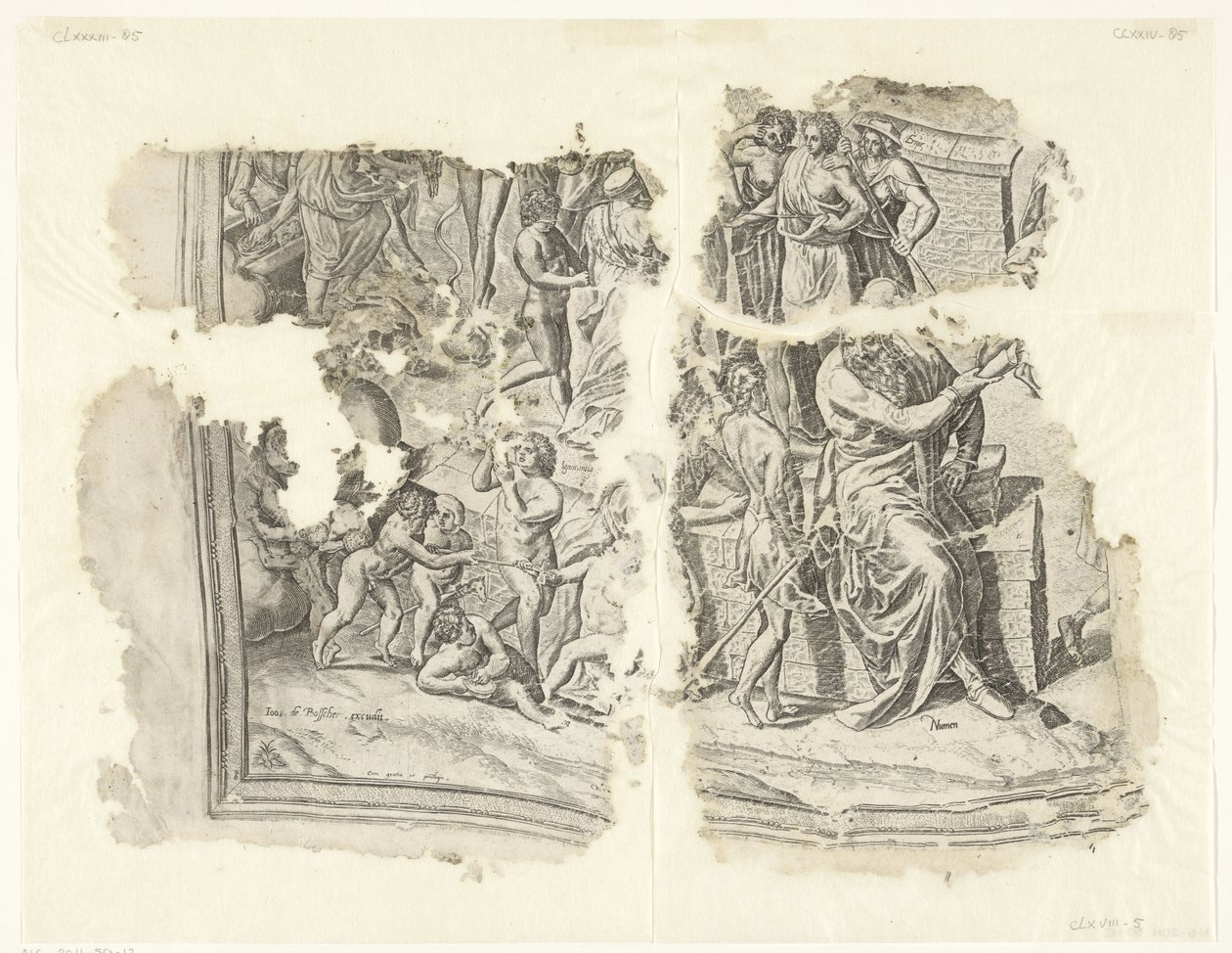 Levý dolní roh otisku scény od Cebes Tabula Cebetis Carta Vitae (původní název) od Philips Galle