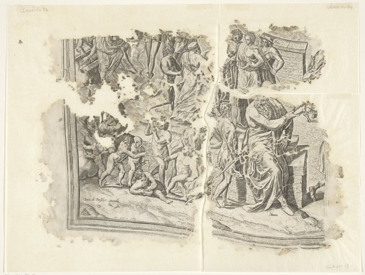 Levý dolní roh otisku scény od Cebes Tabula Cebetis Carta Vitae (původní název) od Philips Galle