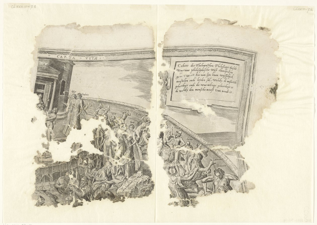 Pravý horní roh otisku scény od Cebes Tabula Cebetis Carta Vitae (název na objektu) od Philips Galle