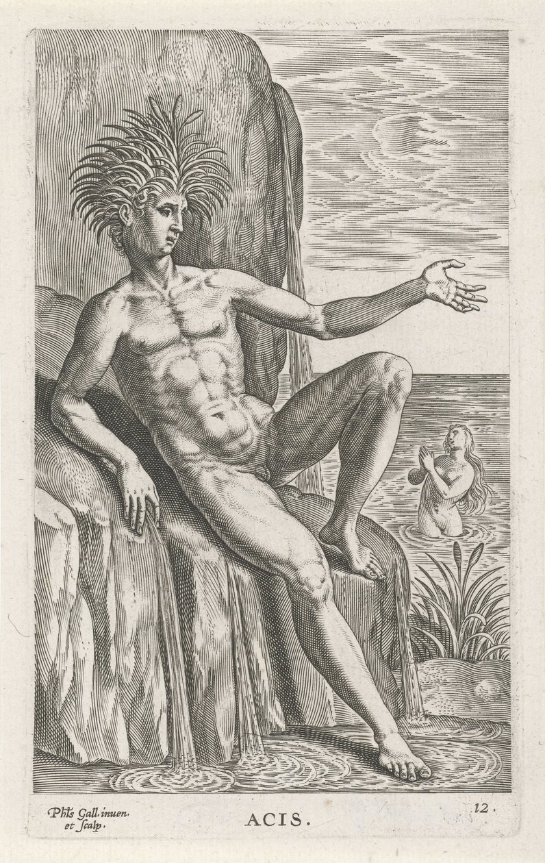 Riviergod Acis Esa (titul na předmětu) Rivier-en zeegoden (název série) Elegantní portréty mořských polobohů a tuleňů Amnicus (název série) od Philips Galle