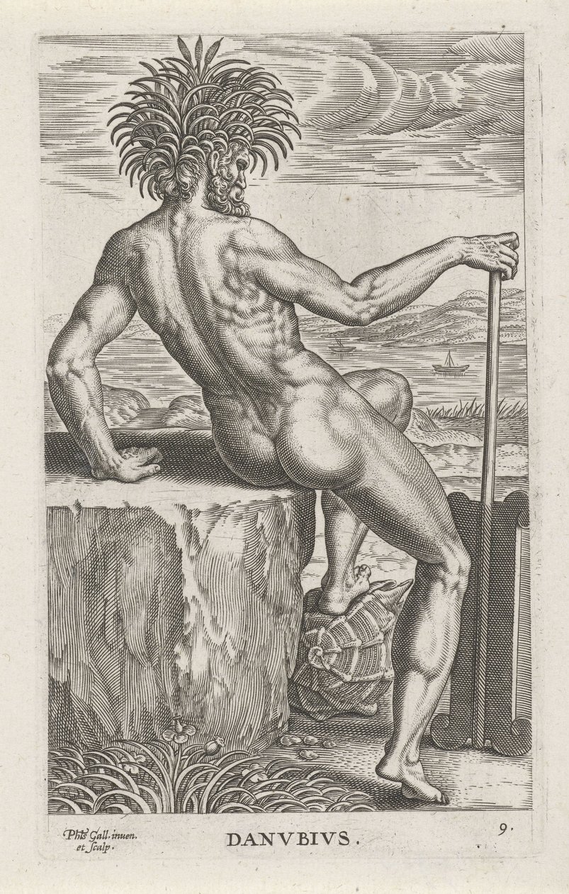 Riviergod Dunaj Danvbivs (titul na objektu) Rivier-en zeegoden (název série) Elegantní portréty mořských polobohů a lachtanů (název série) od Philips Galle