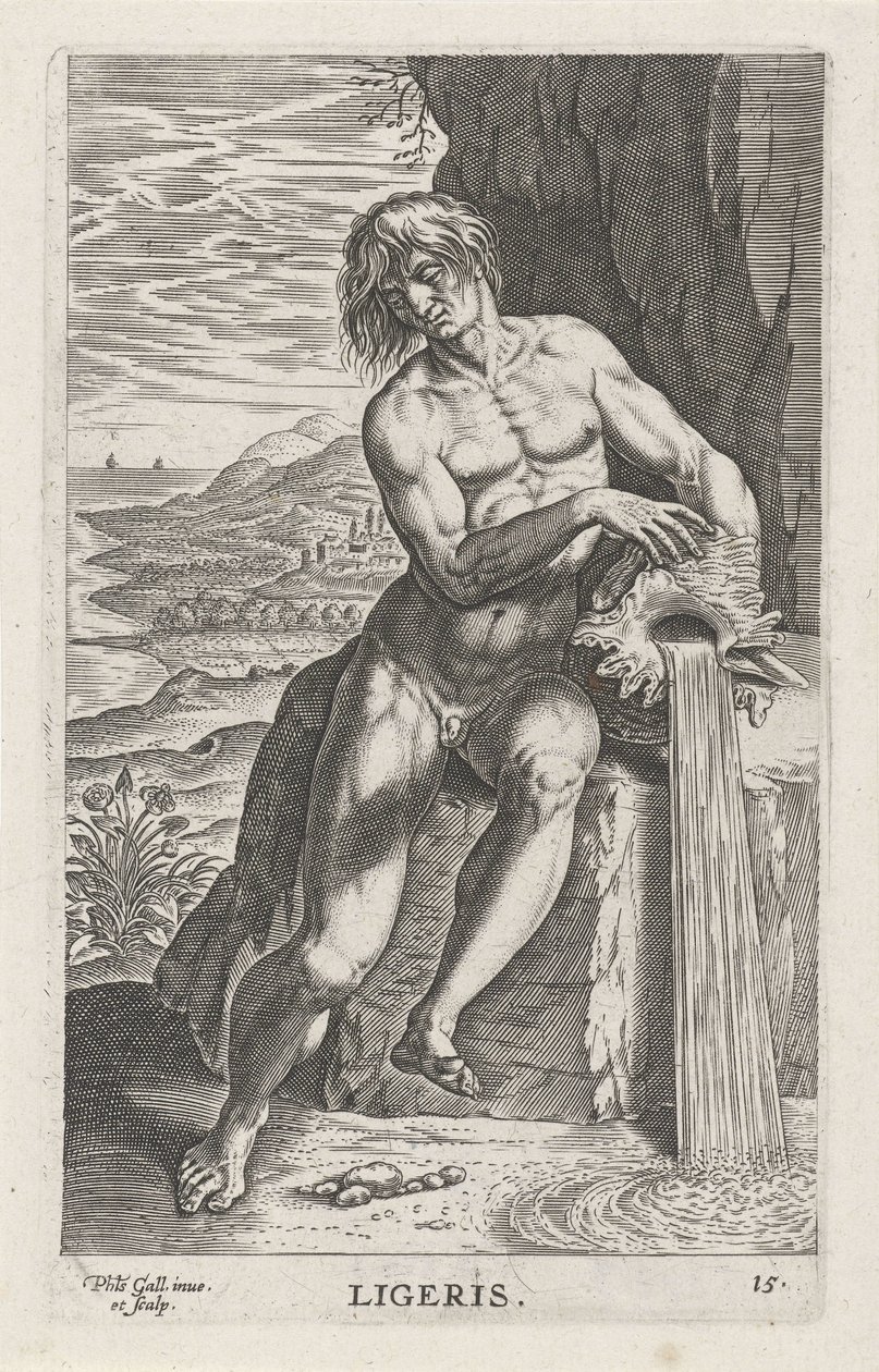 Riviergod Ligeris Ligeris (název na objektu) Rivier-en zeegoden (název série) Elegantní portréty mořských polobohů a tuleňů Amnicus (název série) od Philips Galle