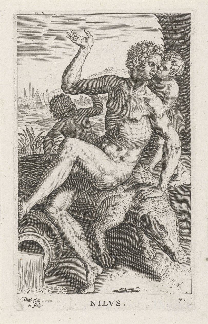 Riviergod Nil Nilvs (název na objektu) Rivier-en zeegoden (název série) Elegantní portréty mořských polobohů a tuleňů Amnicus (název série) od Philips Galle