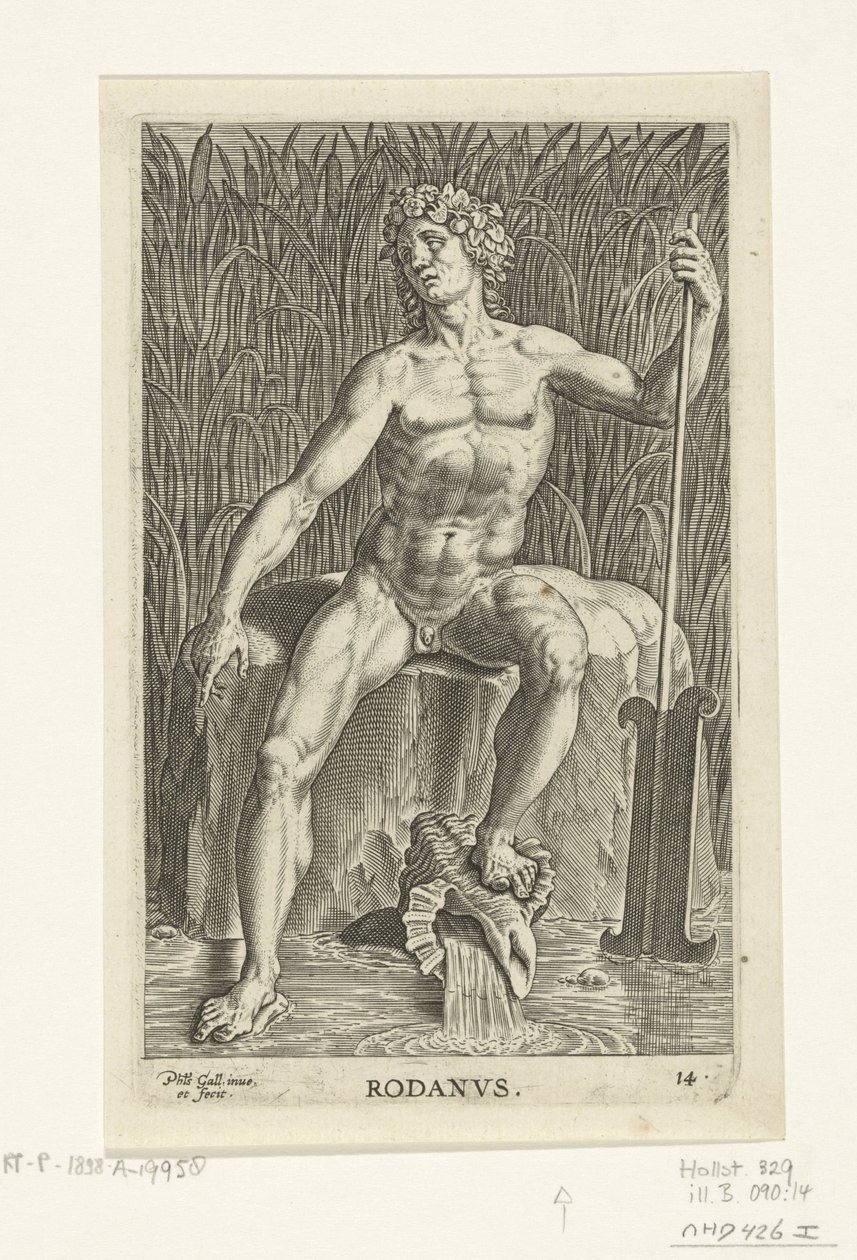 Riviergod Rhone Rodanvs (název na objektu) Rivier-en zeegoden (název série) Elegantní portréty mořských polobohů a lachtanů (název série) od Philips Galle
