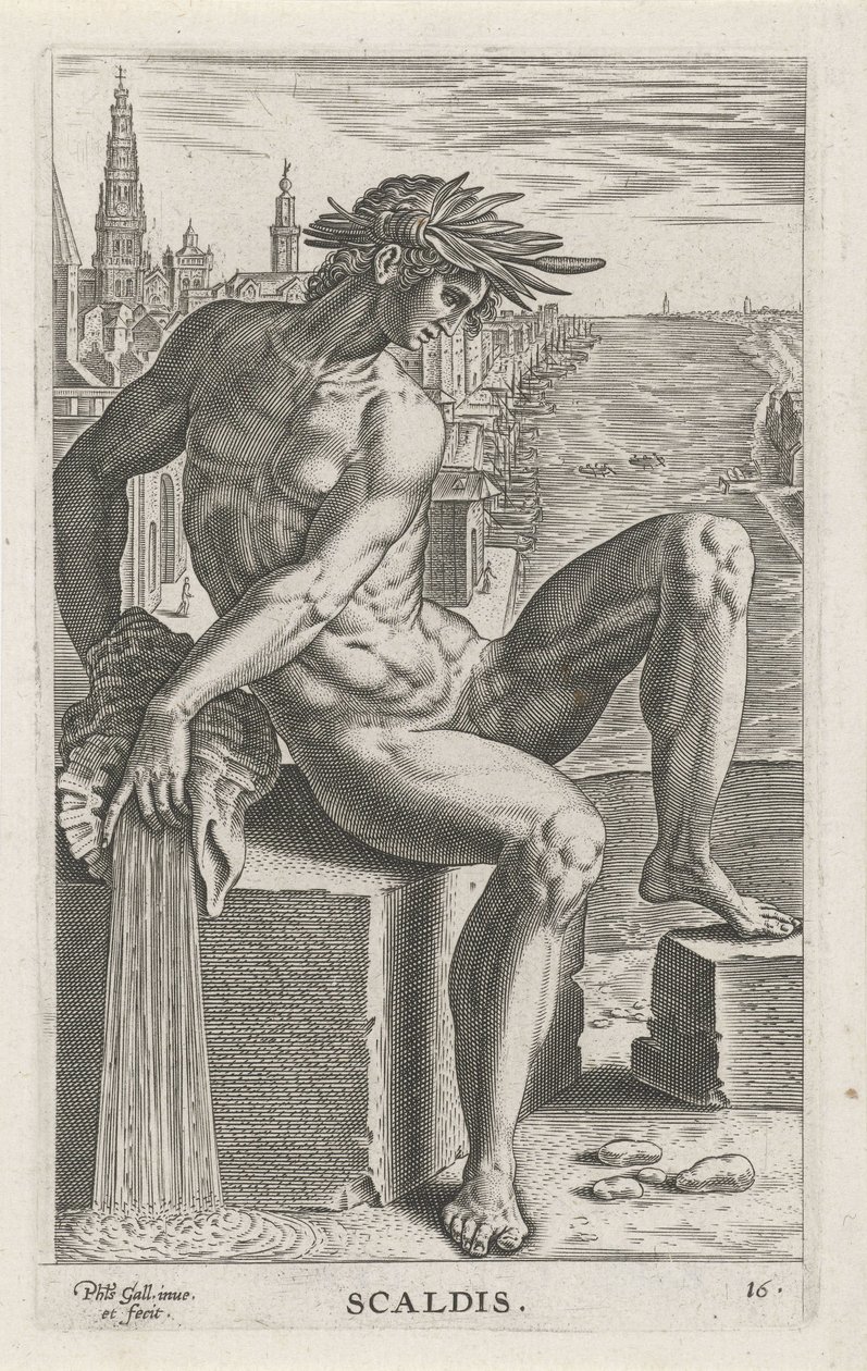 Riviergod Scaldis Scaldis (název na objektu) Rivier-en zeegoden (název série) Elegantní portréty mořských polobohů a tuleňů Amnicus (název série) od Philips Galle