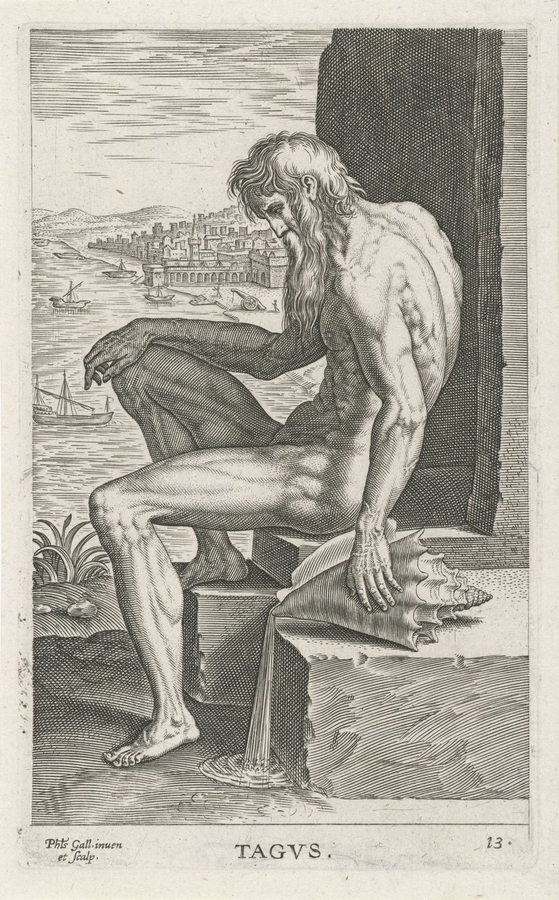 Riviergod Tagus Tagvs (název na objektu) Rivier-en zeegoden (název série) Elegantní portréty mořských polobohů a tuleňů Amnicus (název série) od Philips Galle
