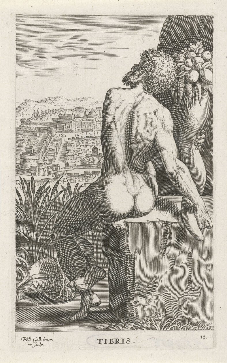 Riviergod Tiber Kmeny (název na předmětu) Rivier-en zeegoden (název série) Elegantní portréty mořských polobohů a lachtanů (název série) od Philips Galle