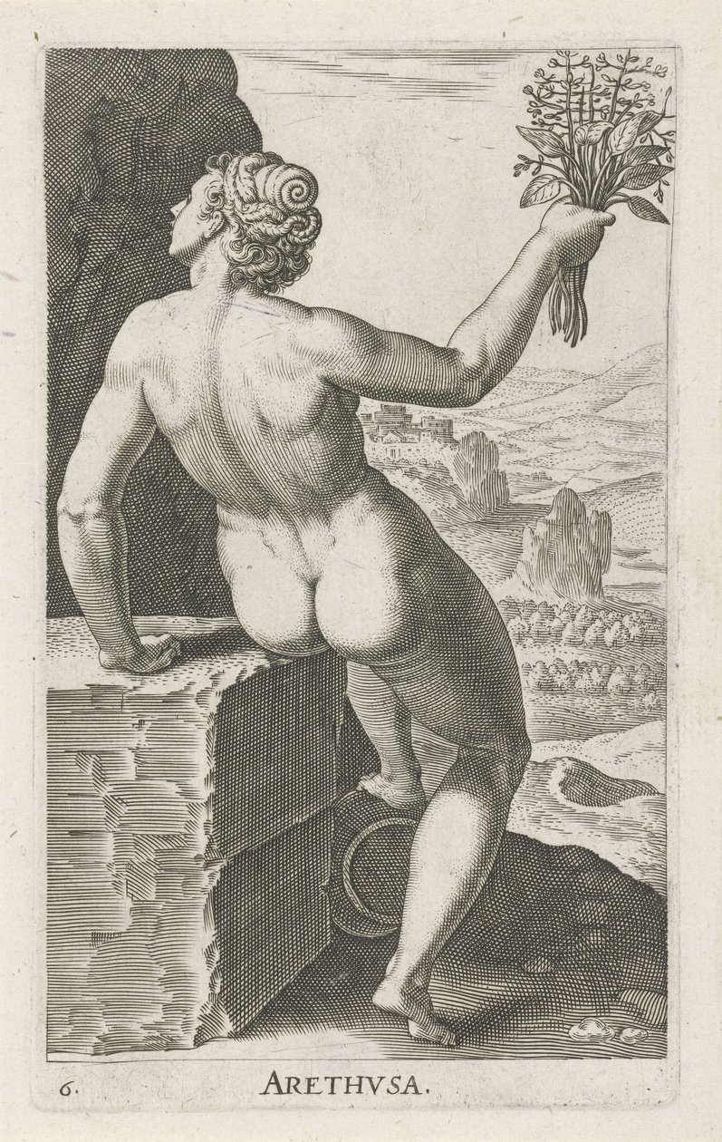 Vodní nymfa Arethusa Arthvsa (název na objektu) Stroom en waternimfen (název série) Oceanitidní nymfy, ehidrid potamidus naiad (název série) od Philips Galle