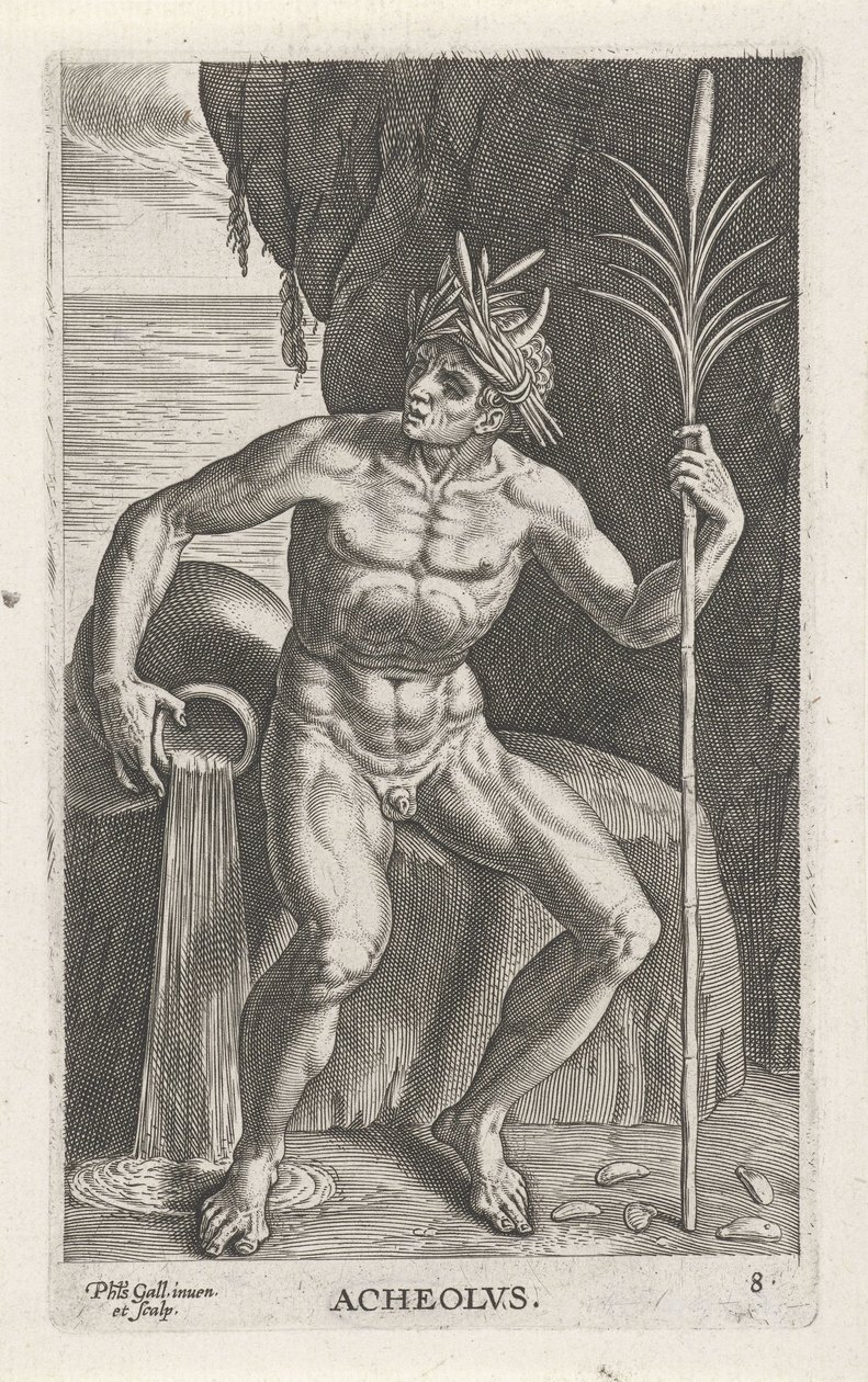 Zeegod Achelous Acheolvs (název na objektu) Rivier-en zeegoden (název série) Elegantní portréty mořských polobohů a lachtanů (název série) od Philips Galle