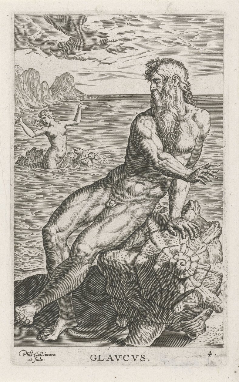 Zeegod Glaucus Glavcvs (název na objektu) Rivier-en zeegoden (název série) Elegantní portréty mořských polobohů a tuleňů Amnicus (název série) od Philips Galle