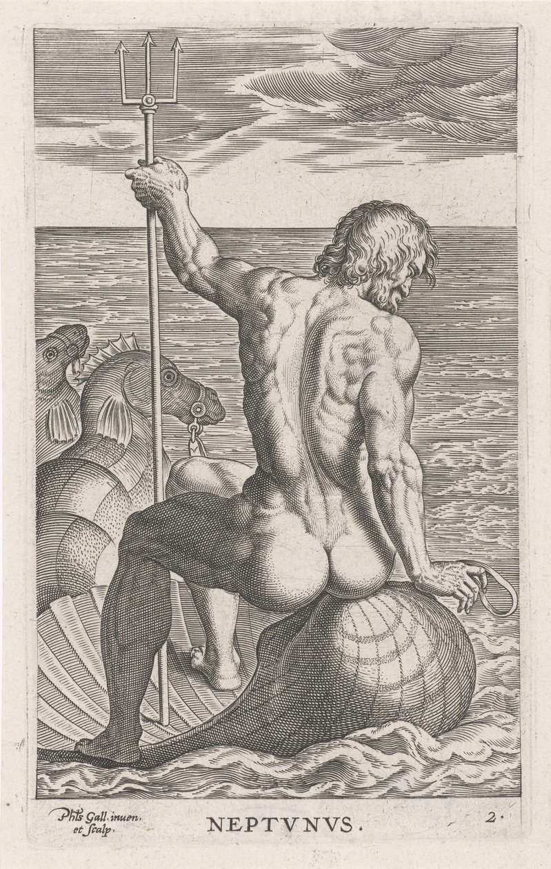 Zeegod Neptun Neptvnvs (název na objektu) Rivier-en zeegoden (název série) Elegantní portréty mořských polobohů a tuleňů Amnicus (název série) od Philips Galle