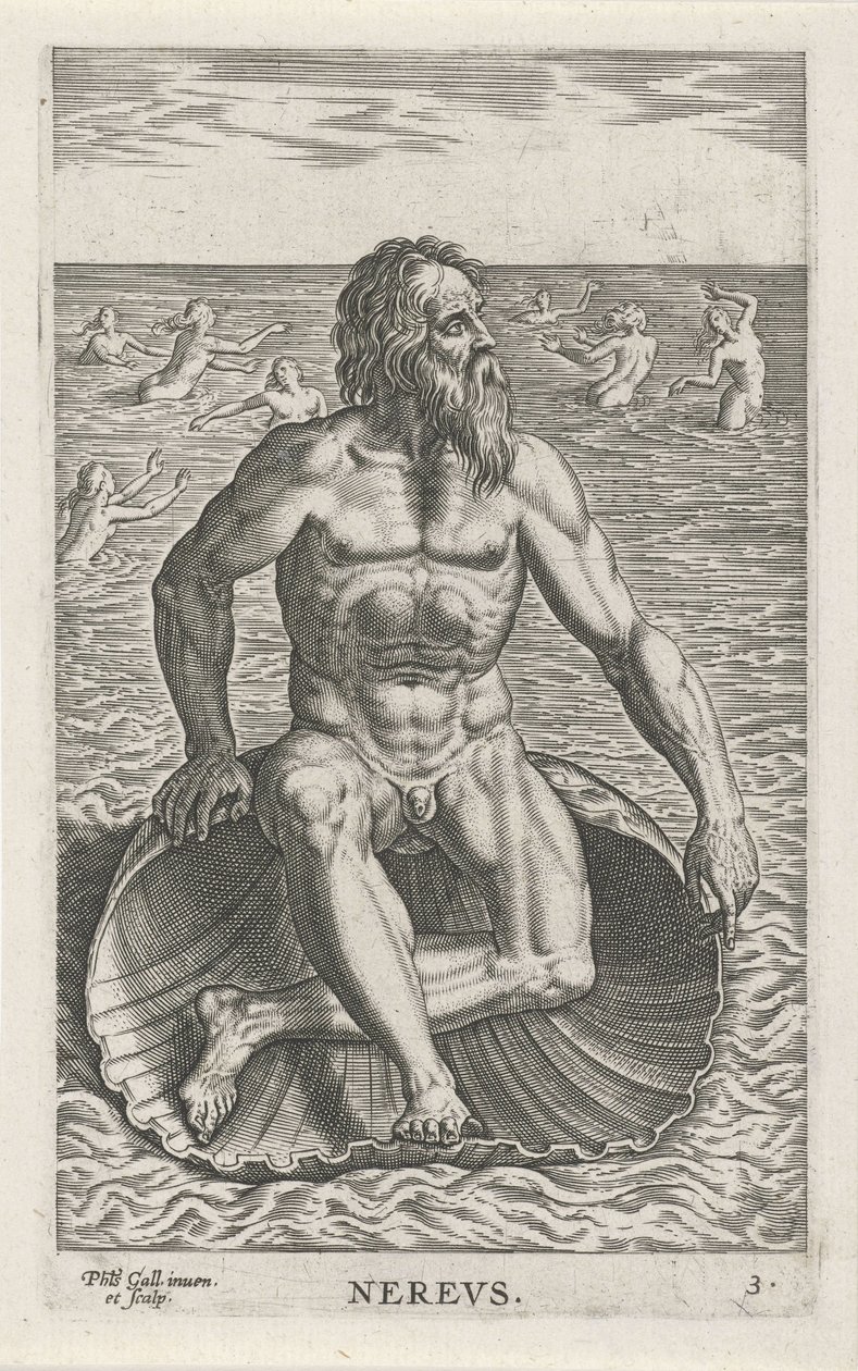 Zeegod Nereus Nerevs (název na objektu) Rivier-en zeegoden (název série) Elegantní portréty mořských polobohů a tuleňů Amnicus (název série) od Philips Galle