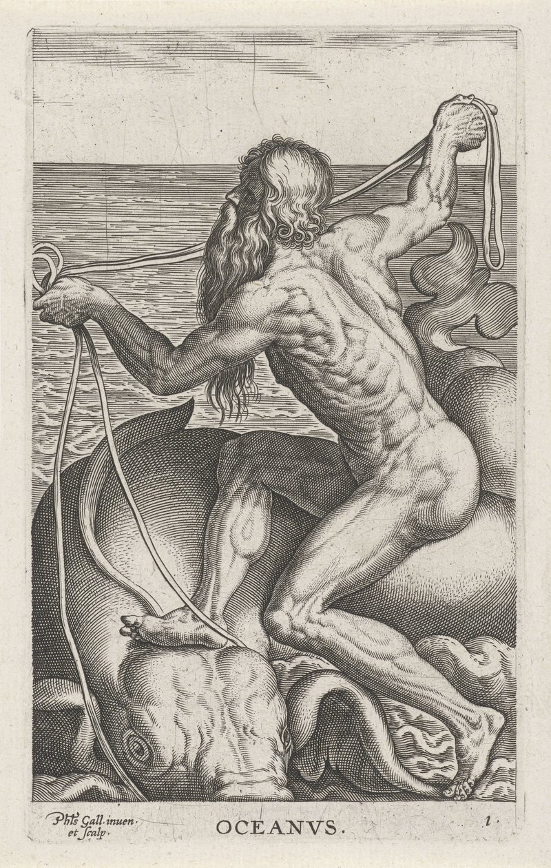 Zeegod Oceanus Oceanvs (název na objektu) Rivier-en zeegoden (název série) Elegantní portréty mořských polobohů a tuleňů Amnicus (název série) od Philips Galle