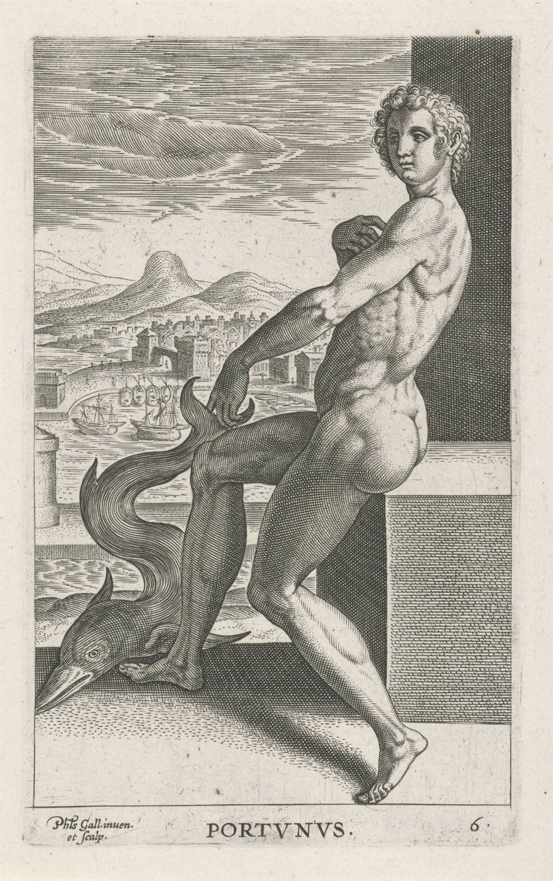 Zeegod Portunus Portvnvs (název na objektu) Rivier-en zeegoden (název série) Elegantní portréty mořských polobohů a lachtanů (název série) od Philips Galle