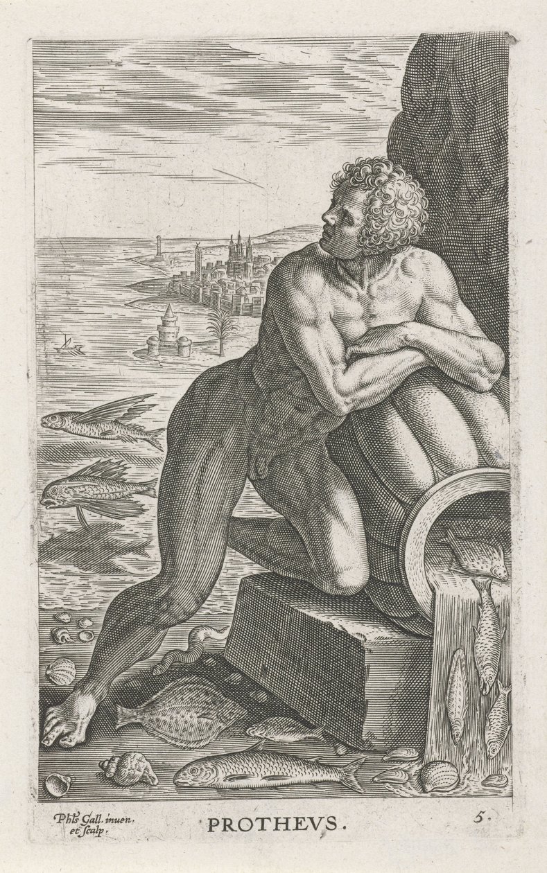 Zeegod Protheus Prothevs (název na objektu) Rivier-en zeegoden (název série) Elegantní portréty mořských polobohů a tuleňů Amnicus (název série) od Philips Galle