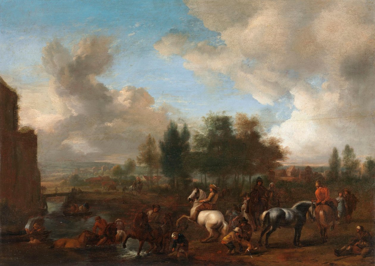 Koně u napajedla: krajina od Philips Wouwerman