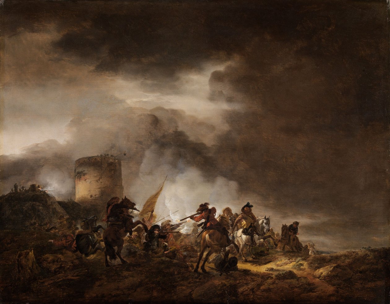 Bitva mezi jezdci a pěchotou před opevněním od Philips Wouwerman