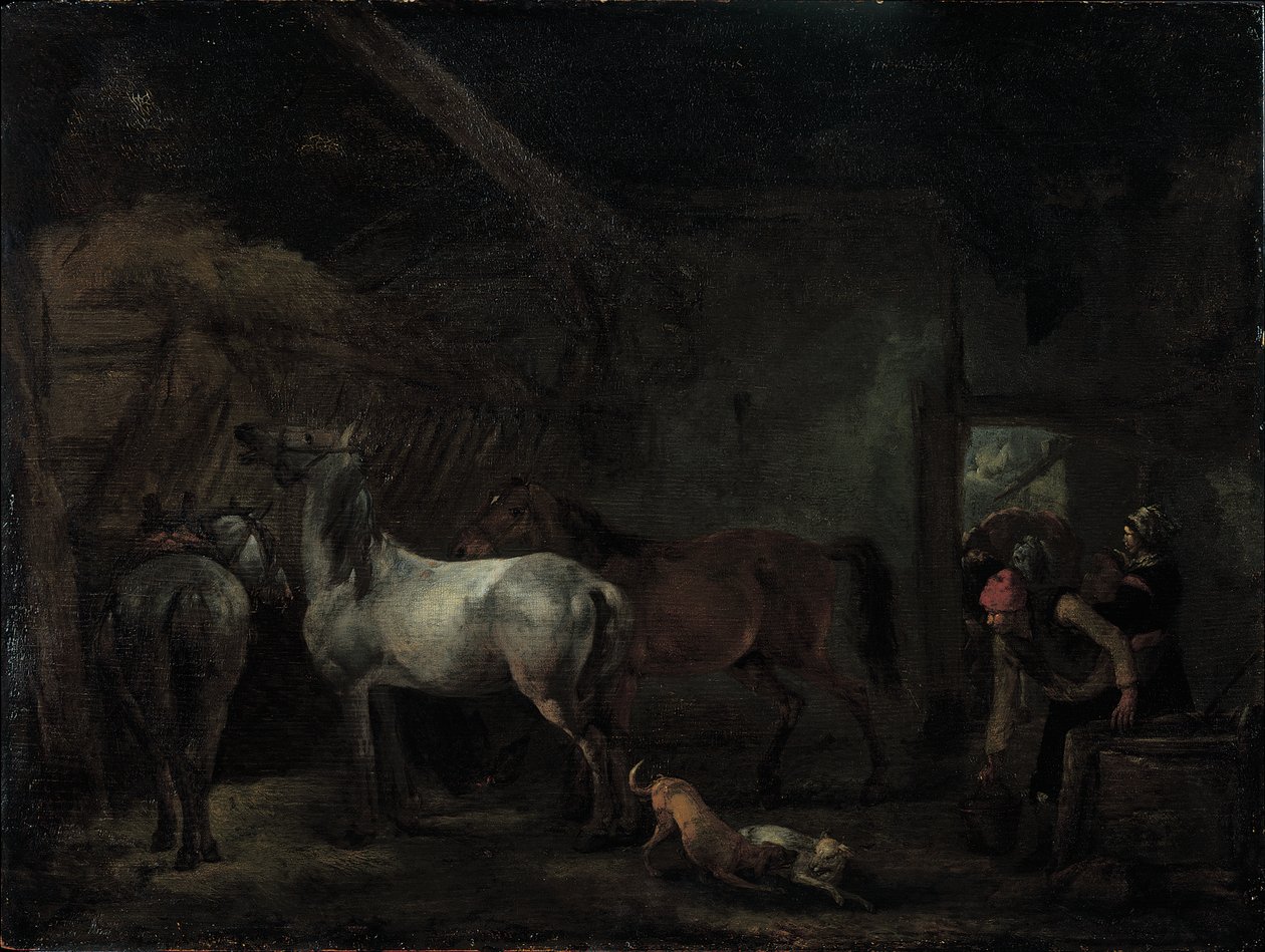Stáj se třemi koňmi od Philips Wouwerman