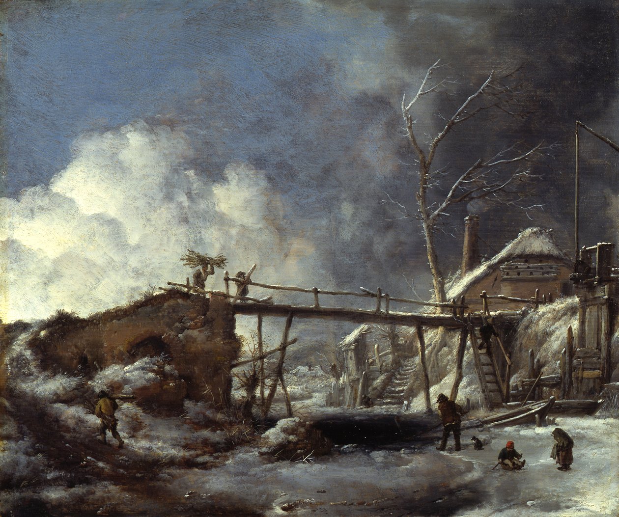 Zimní krajina s dřevěnou lávkou od Philips Wouwerman