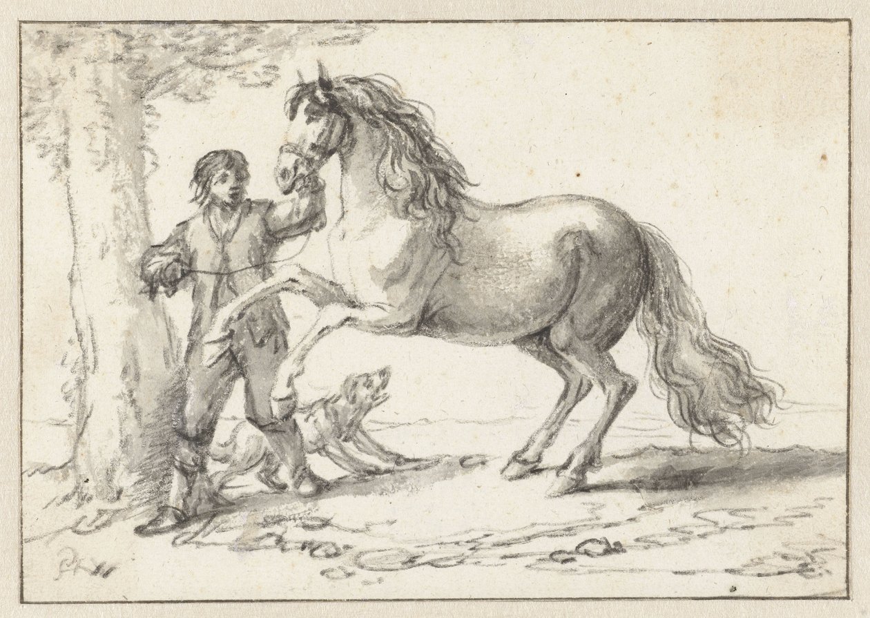 Mladý muž držící chovného koně za uzdu, vystrašený štěkajícím psem od Philips Wouwerman