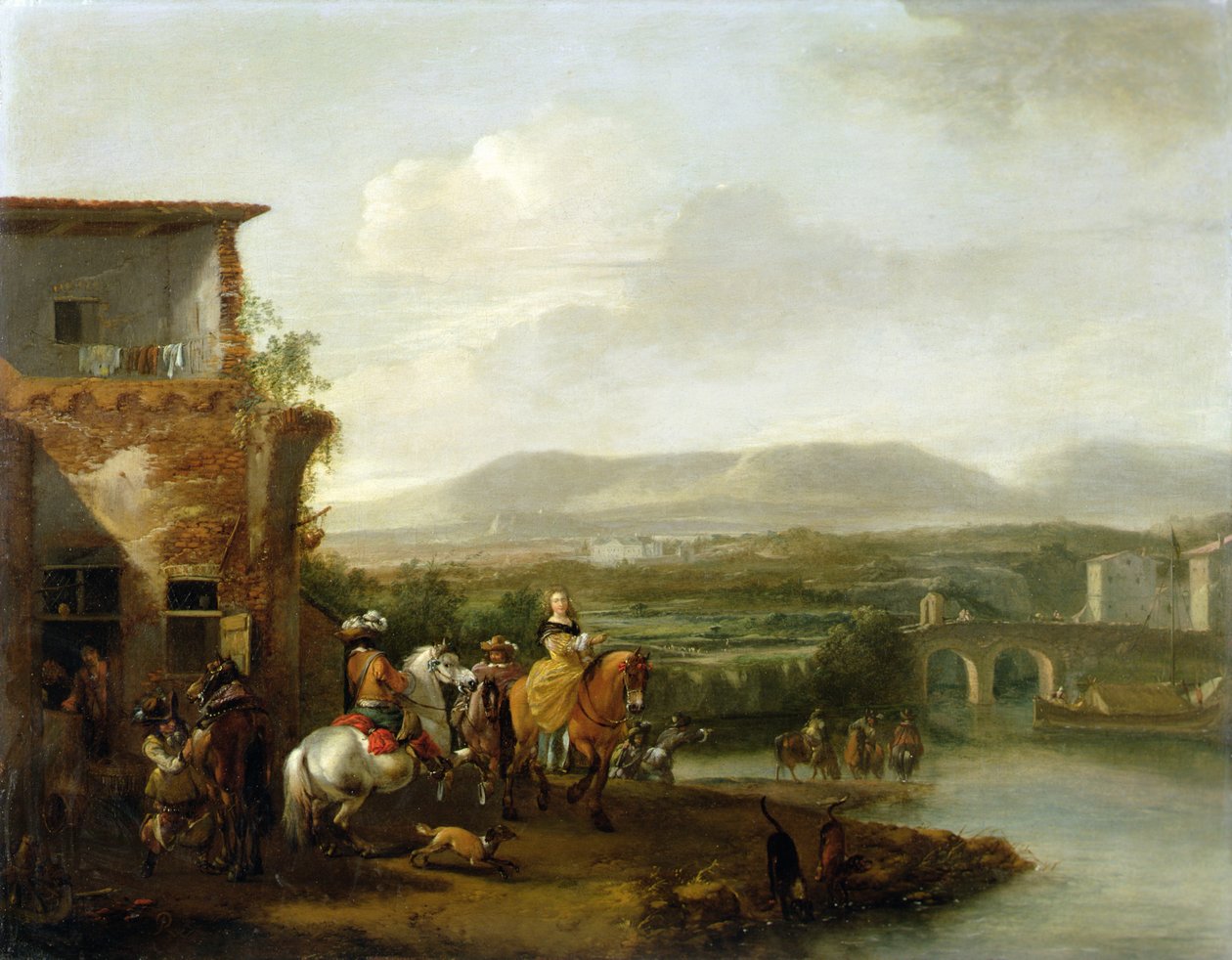 Elegantní jezdecká párty mimo farmu u řeky (olej na plátně) od Philips Wouwermans or Wouvermans