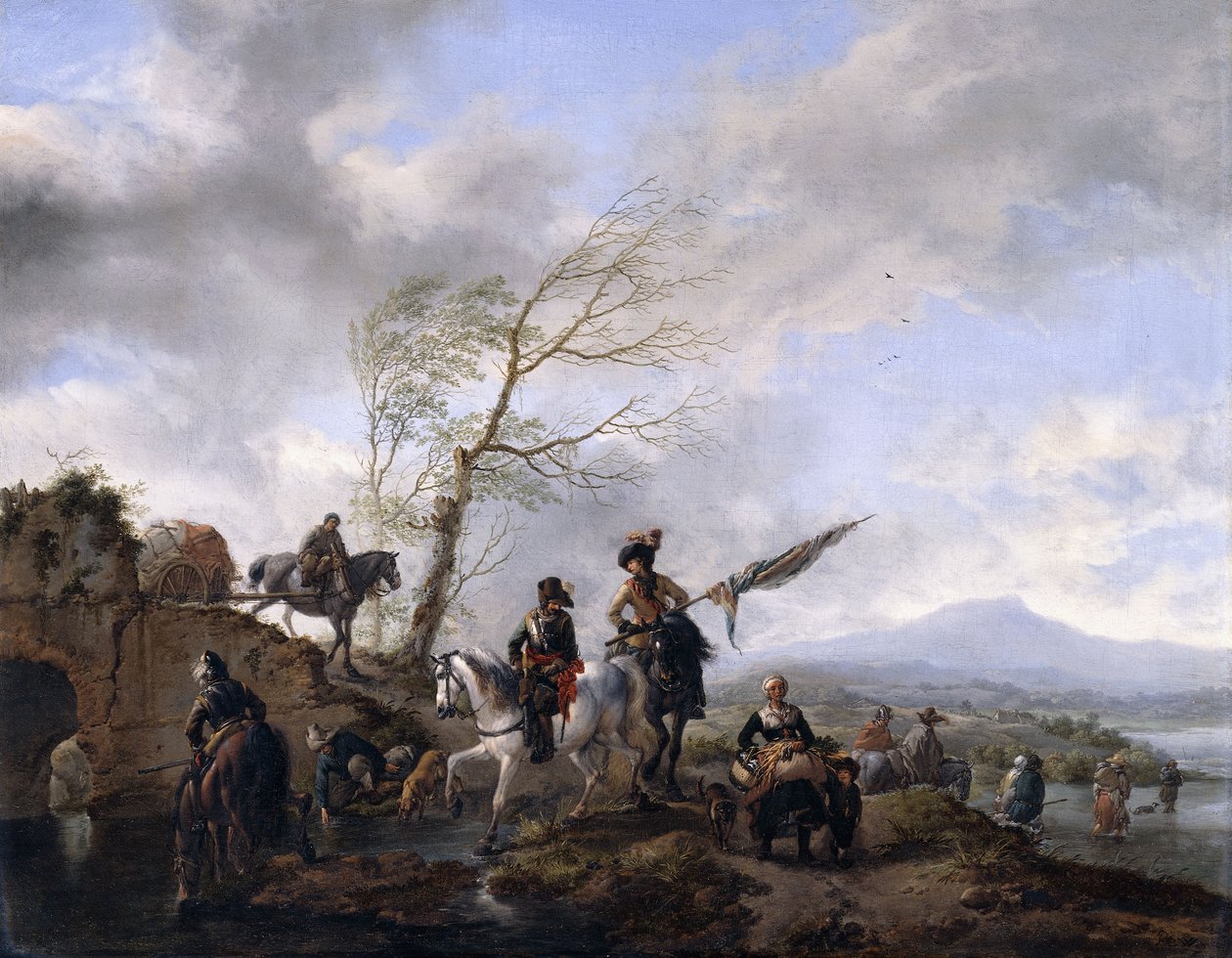 Rozsáhlá říční krajina s vojáky a praporčíkem napájejícím své koně, od Philips Wouwerman