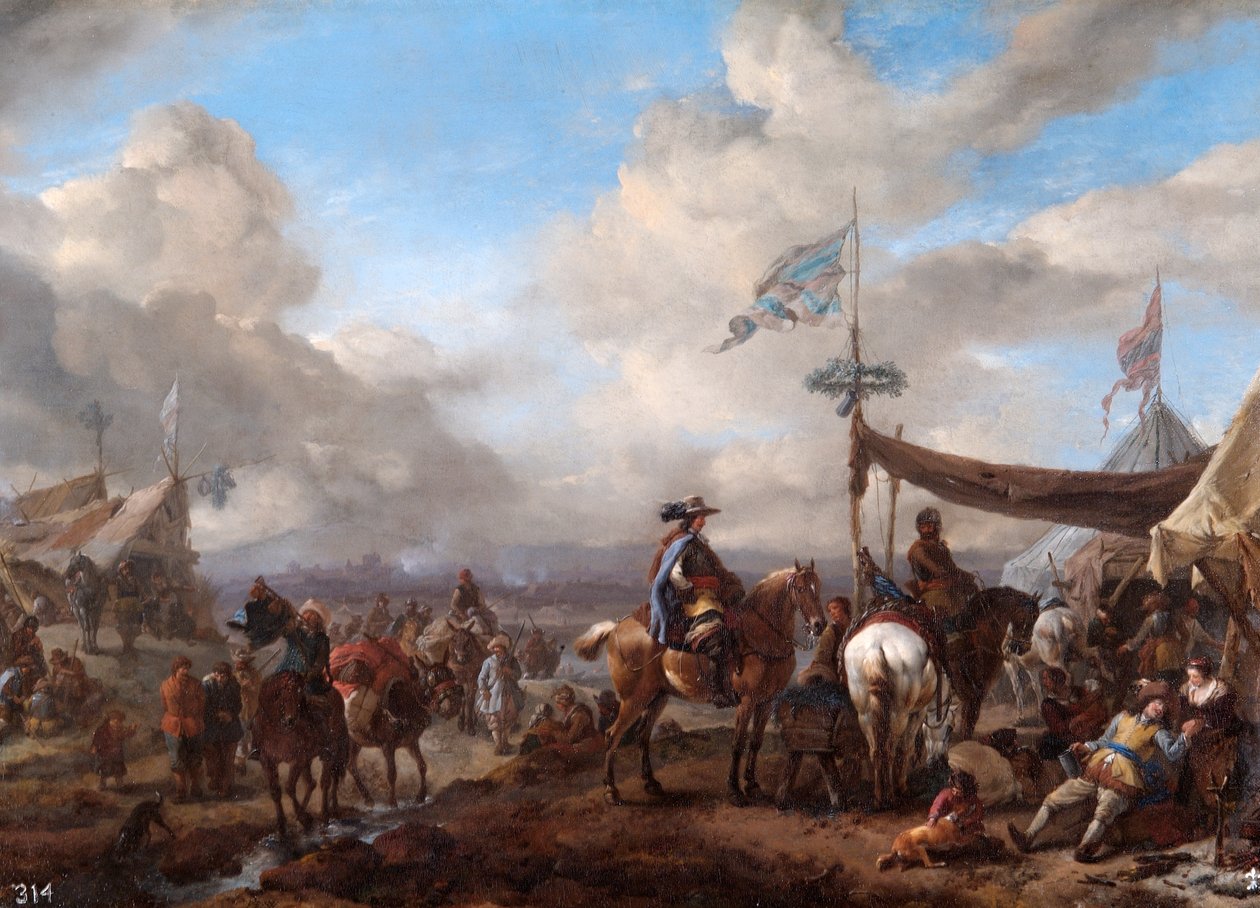 Táborová scéna s buřičem a podkovářovou budkou (olej na plátně) od Philips Wouwermans or Wouwerman
