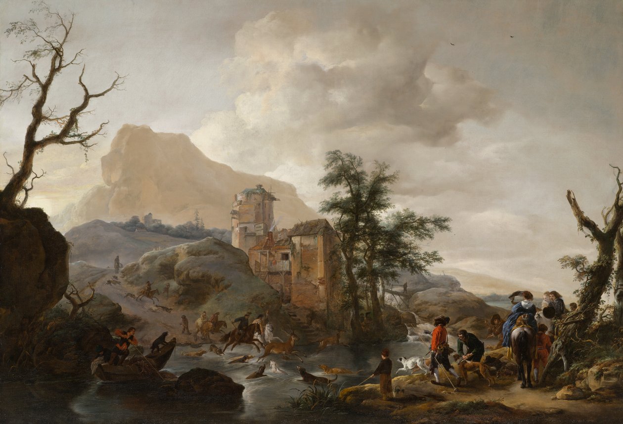 Lov jelena v řece, cca 1650-1655 od Philips Wouwerman