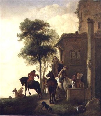Cestovatelé napájející své koně mimo hostinec (olej na panelu) od Philips Wouwermans or Wouwerman
